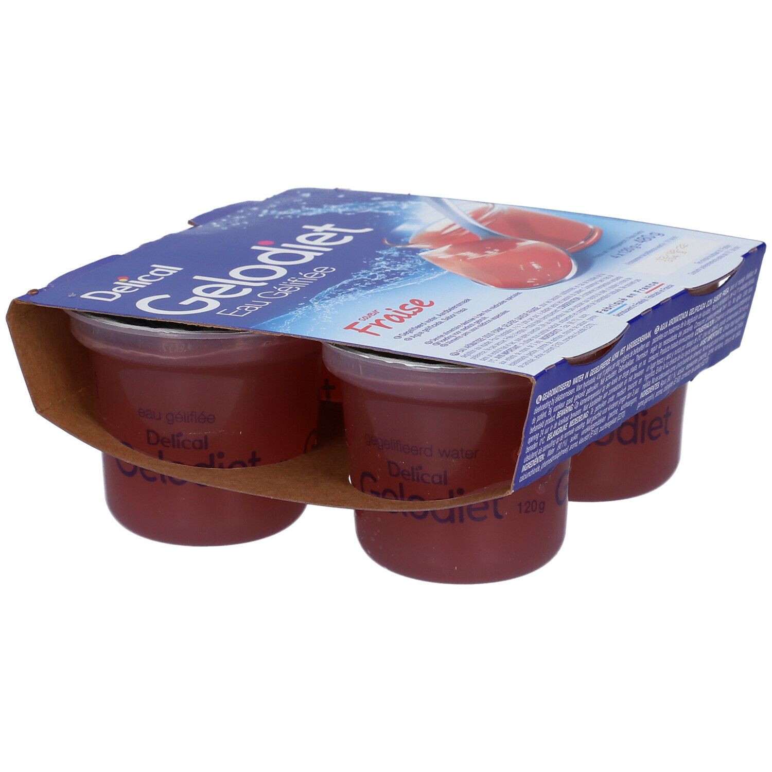 Quatre pots d'eau gélifiée fraise Gelodiet dans un carton, vue latérale.