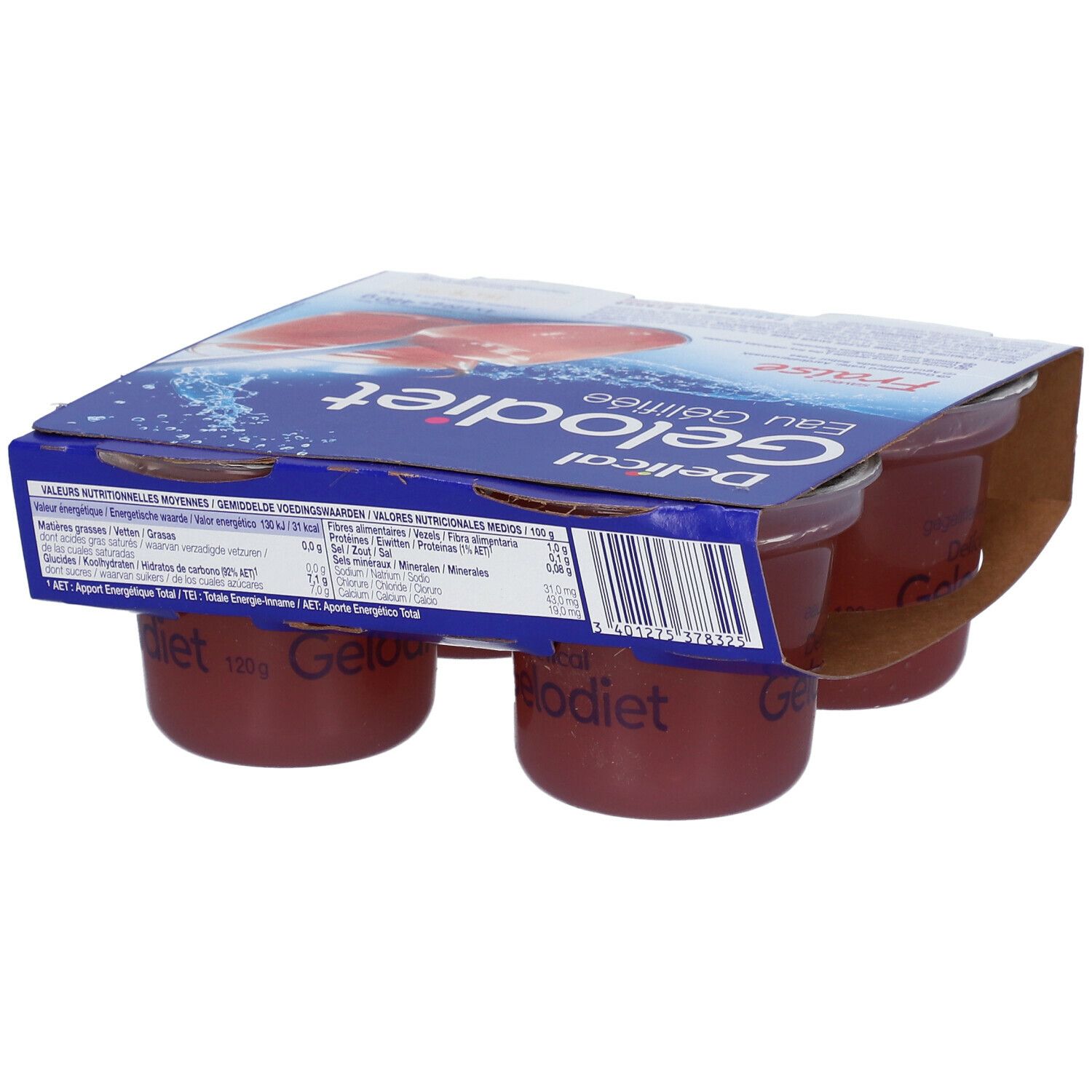 Arrière du carton de quatre pots d'eau gélifiée fraise Gelodiet.