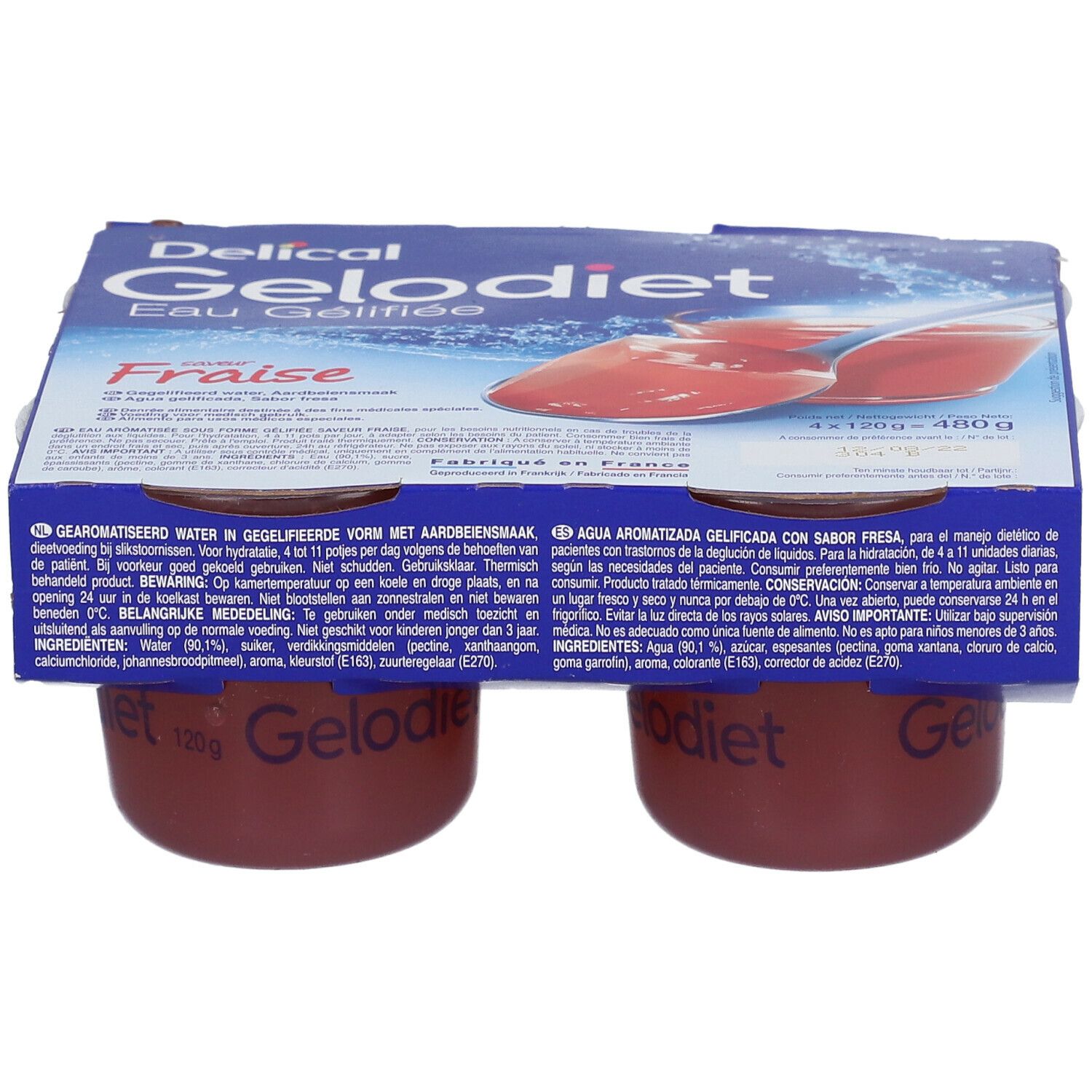 Quatre pots d'eau gélifiée fraise Gelodiet, vue de face avec carton ouvert.