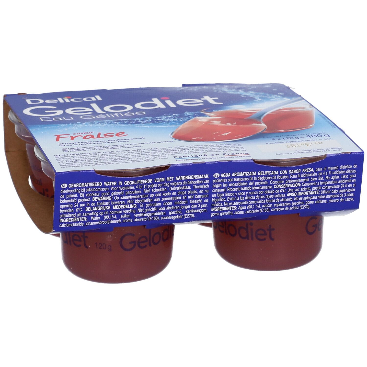 Quatre pots d'eau gélifiée fraise Gelodiet dans un carton, légèrement en biais de face.