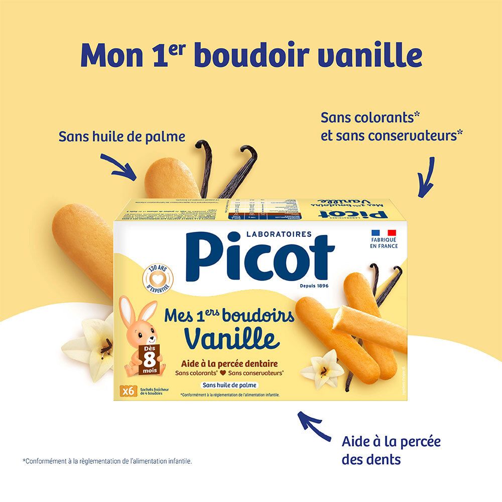 Biscuits Picot "Mes 1ers boudoirs Vanille" : Sans huile de palme, colorants ni conservateurs.