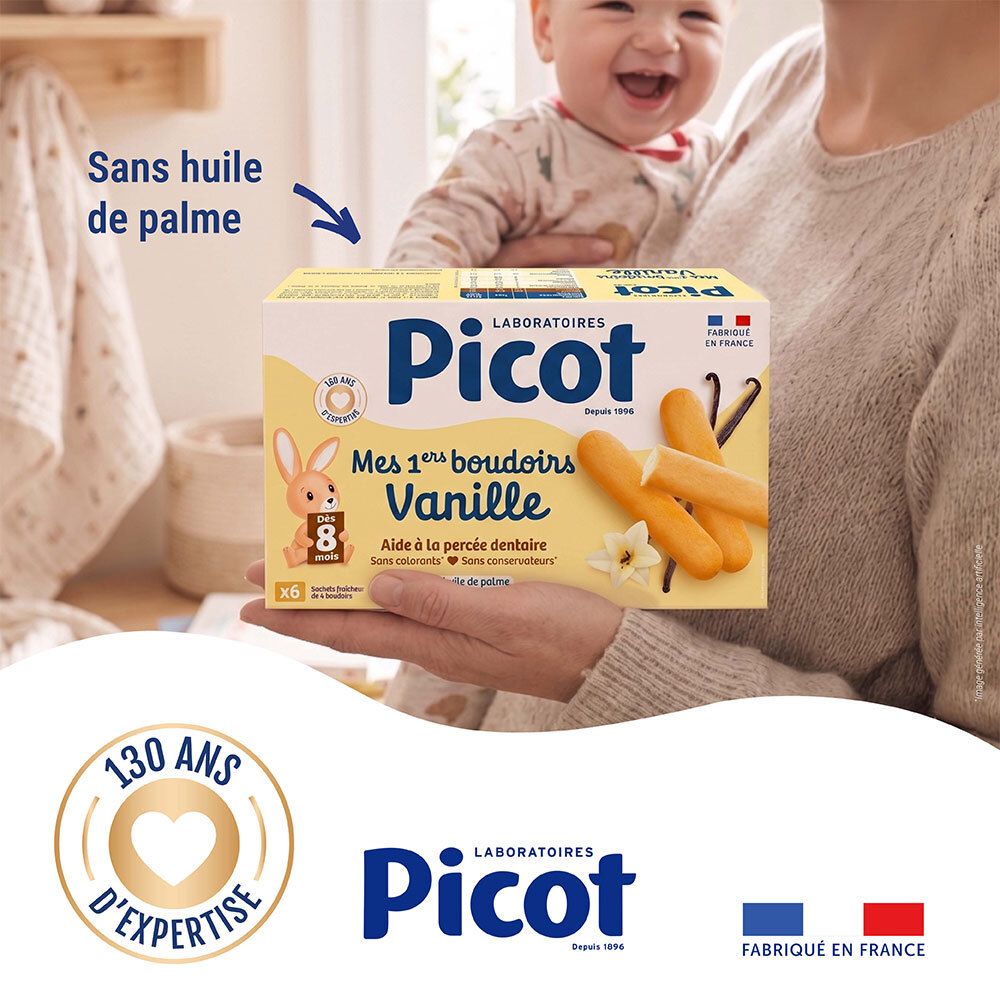 Boîte Picot "Mes 1ers boudoirs Vanille" tenue par une mère avec un bébé.