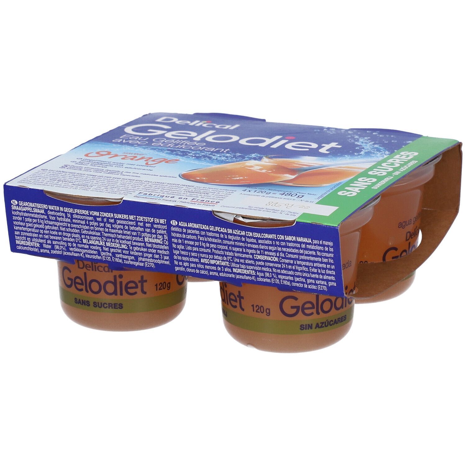 Gelodiet Orange : 4 coupelles d'eau gélifiée sans sucres.