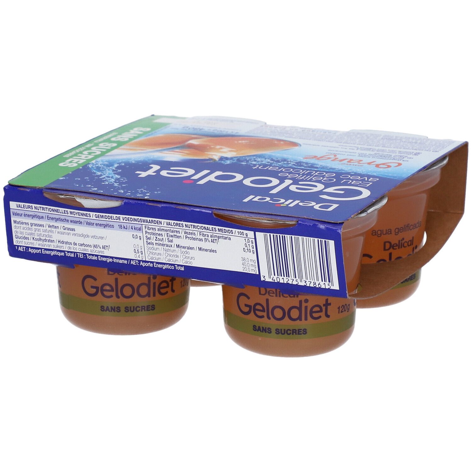 Gelodiet Orange : 4 coupelles d'eau gélifiée sans sucres, valeurs nutritionnelles.