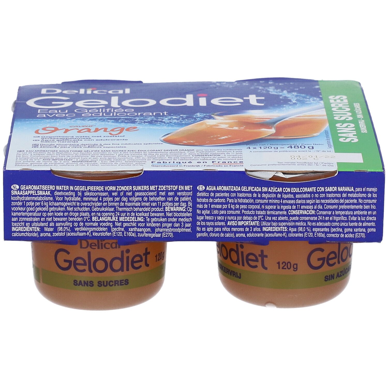 Gelodiet Orange : 4 coupelles d'eau gélifiée sans sucres, saveur orange.