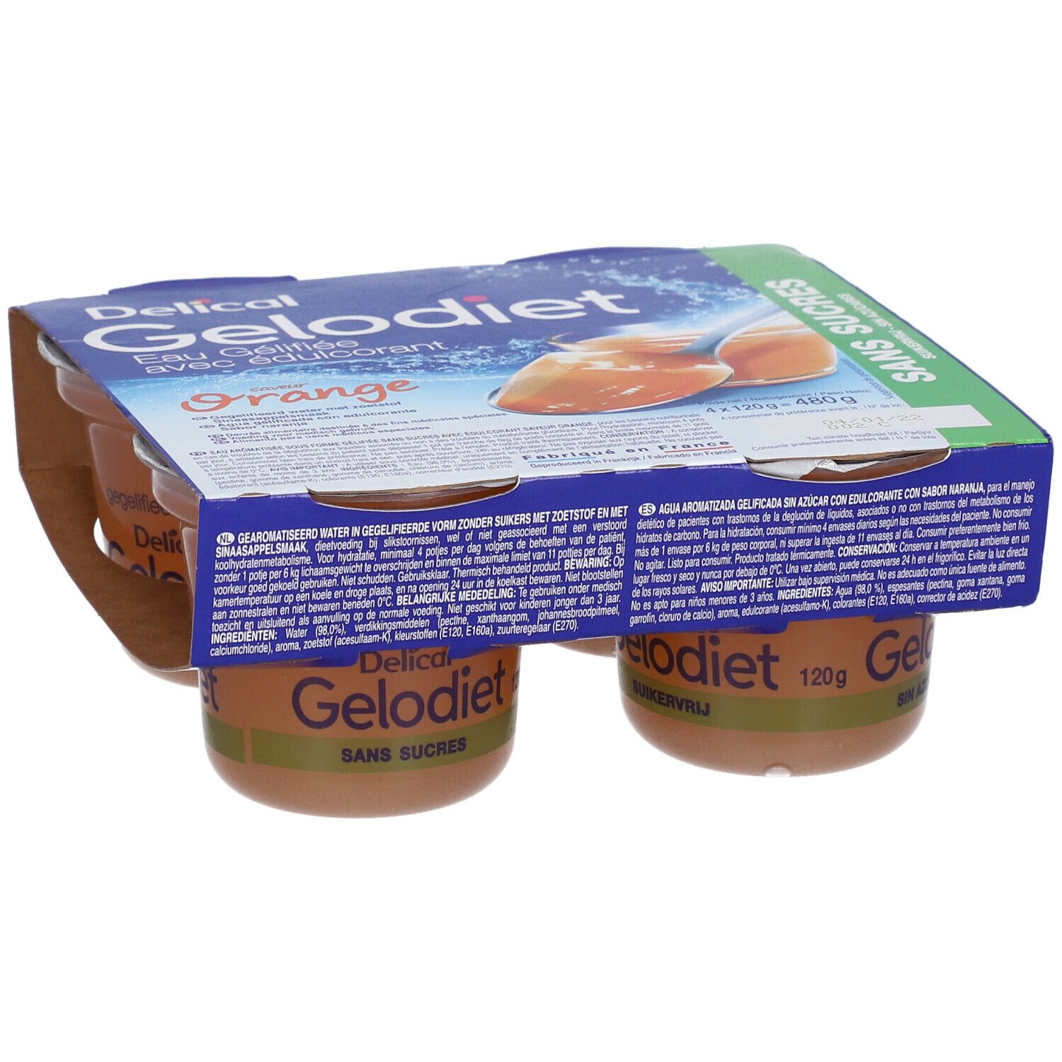 Gelodiet Orange : 4 coupelles d'eau gélifiée sans sucres, saveur orange.