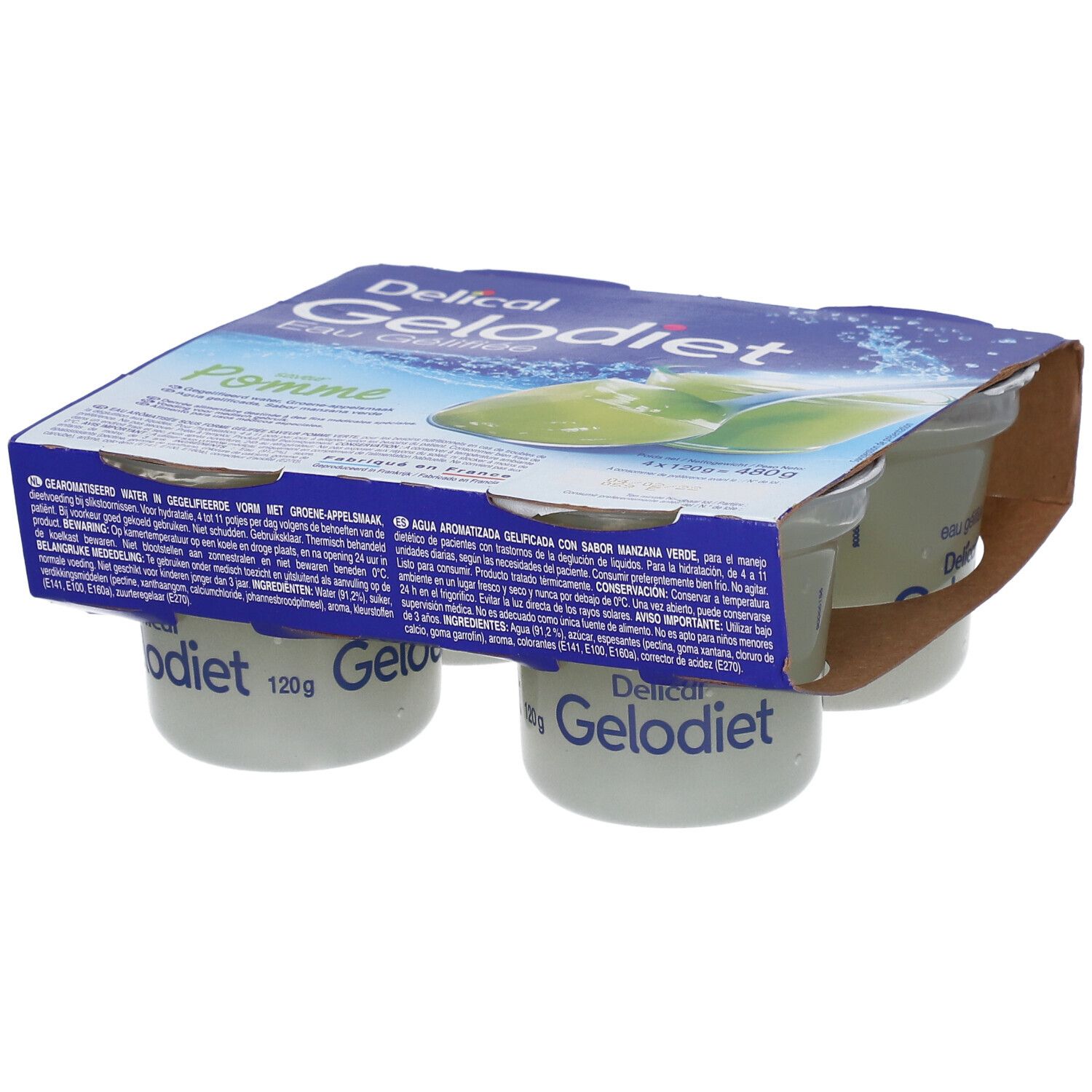 Quatre pots de Gelodiet Pomme gélifiée, 120g chacun, en emballage cartonné.