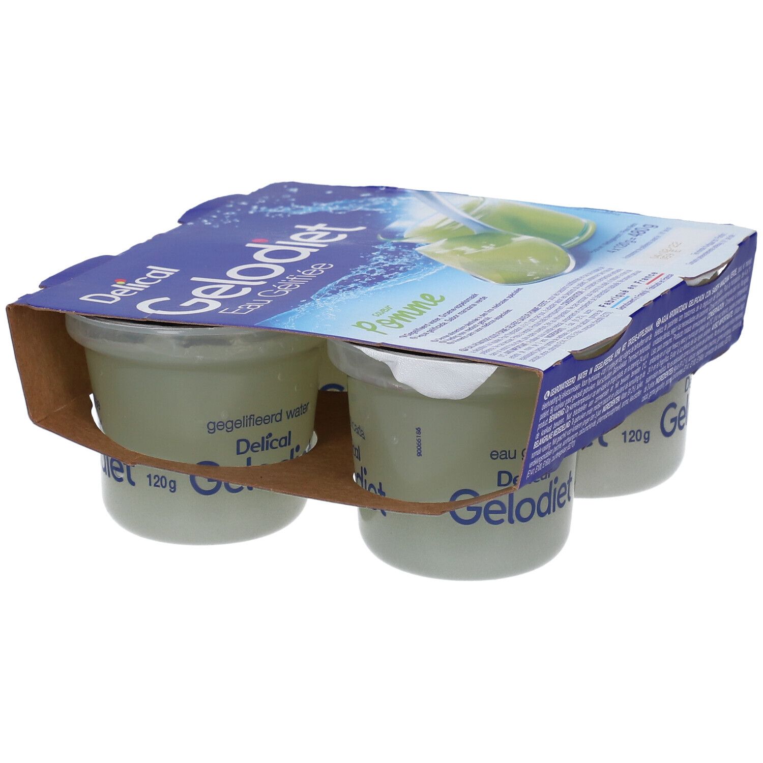 Quatre pots de Gelodiet Pomme gélifiée, 120g chacun, en emballage cartonné.