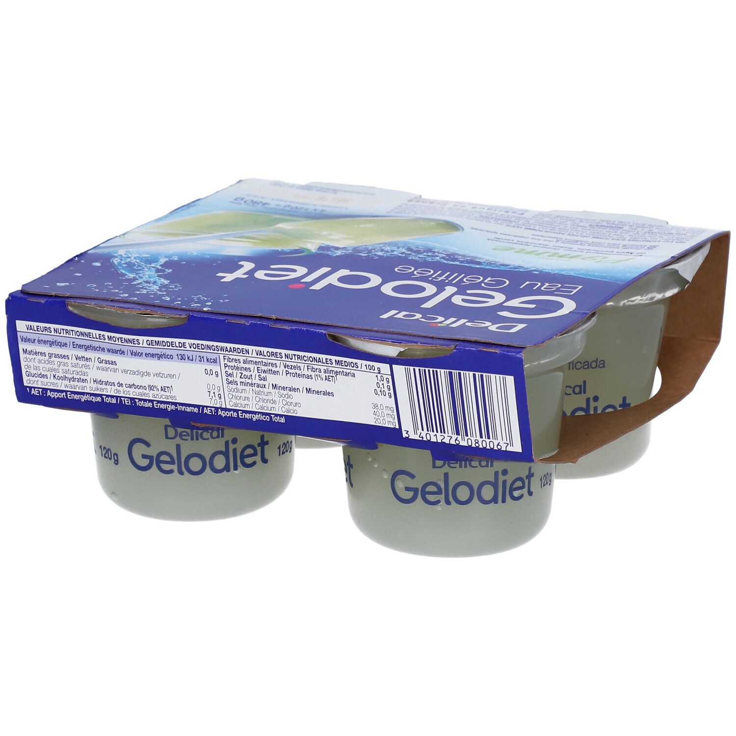 Quatre pots de Gelodiet Pomme gélifiée, 120g chacun, en emballage cartonné.