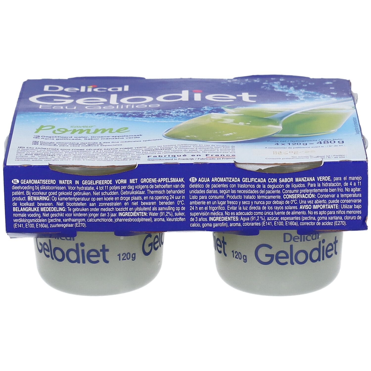 Quatre pots de Gelodiet Pomme gélifiée, 120g chacun, en emballage cartonné.