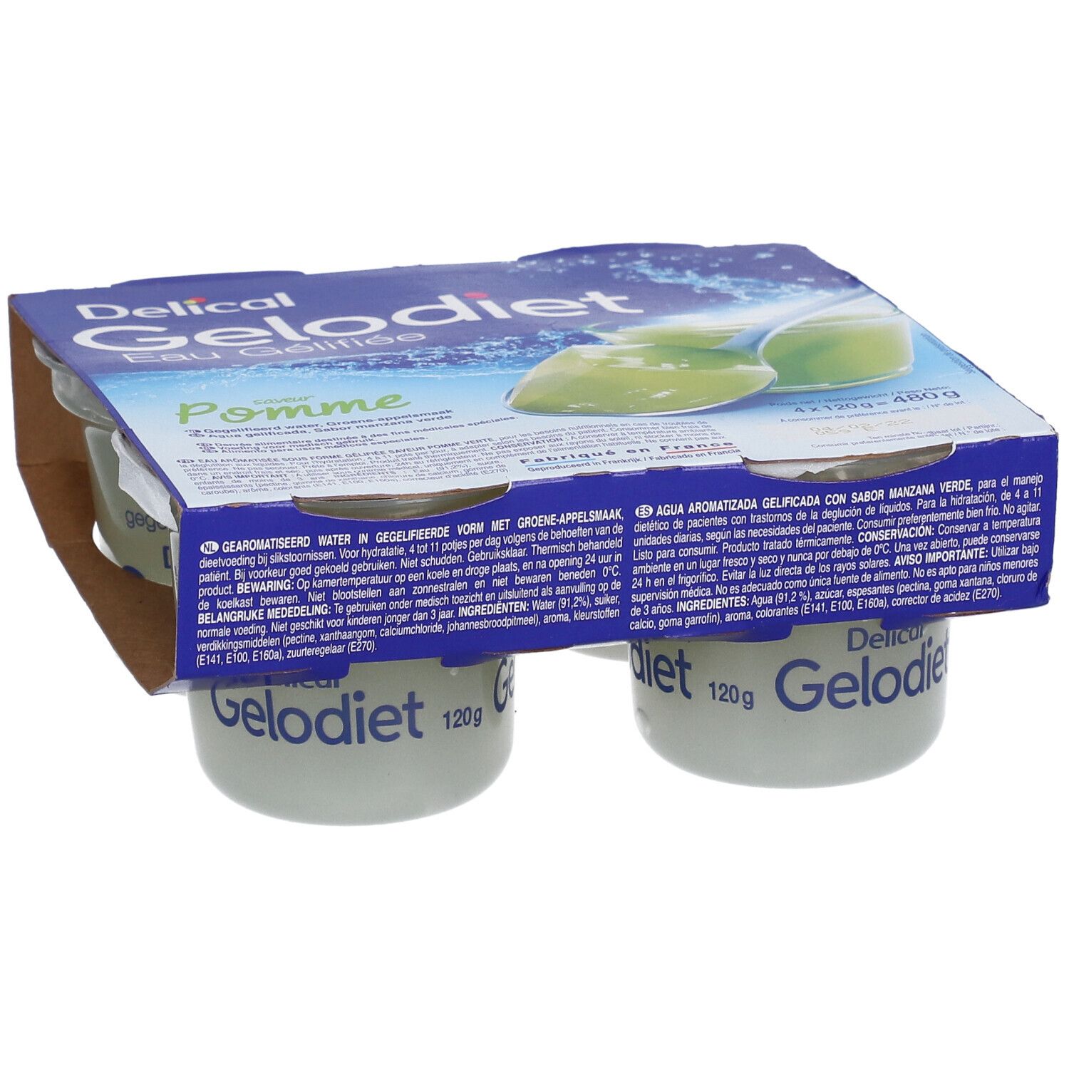 Quatre pots de Gelodiet Pomme gélifiée, 120g chacun, en emballage cartonné.