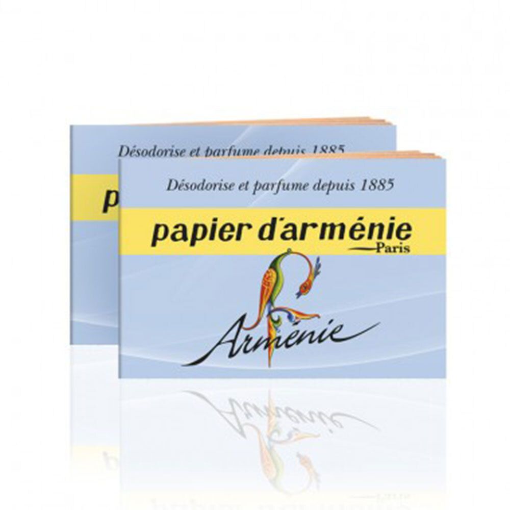Deux paquets de Papier d'Arménie, Paris, avec un motif d'oiseau et du texte.