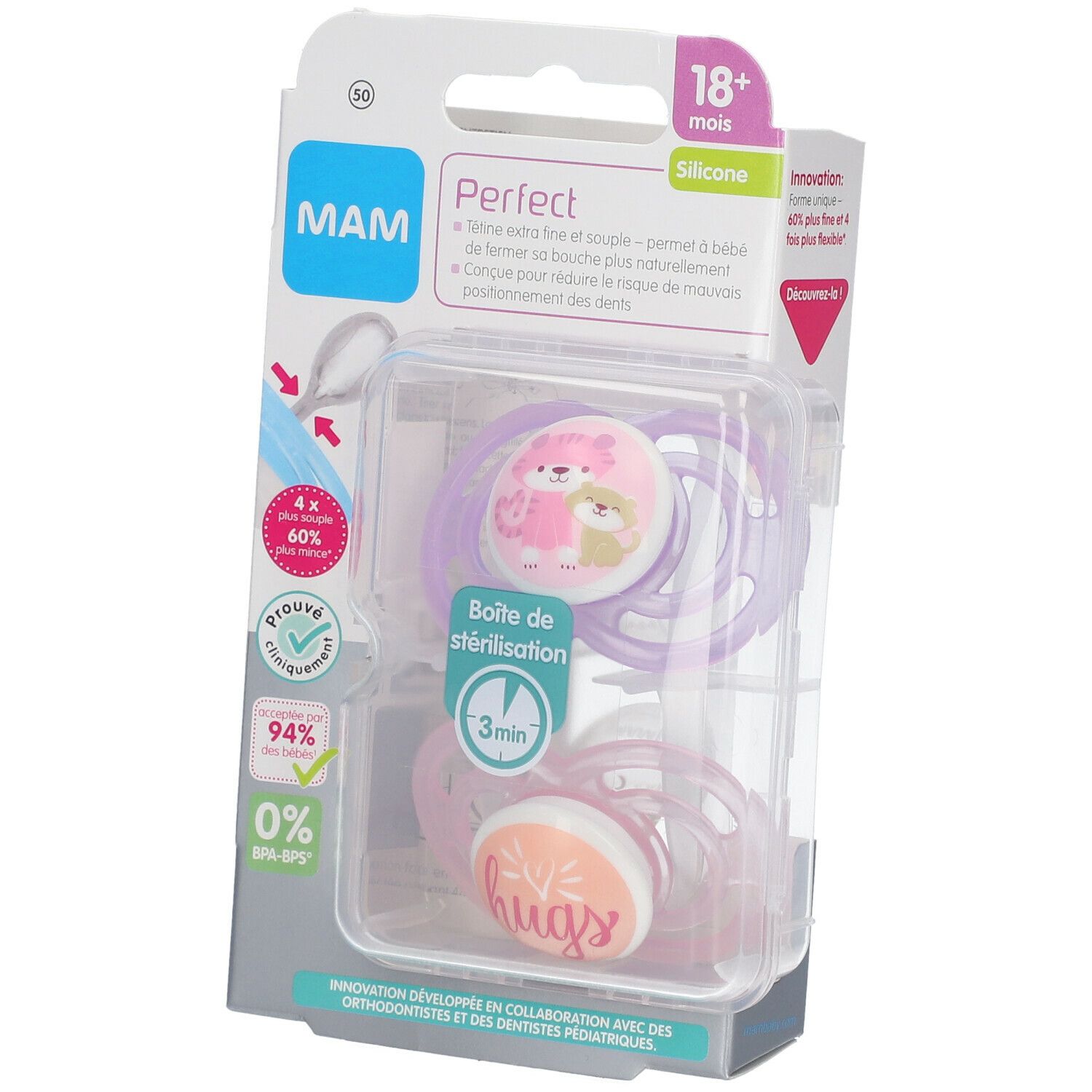 Deux sucettes MAM Perfect Animal 18+ en silicone, roses et violettes, avec motifs animaux et texte. Emballage.