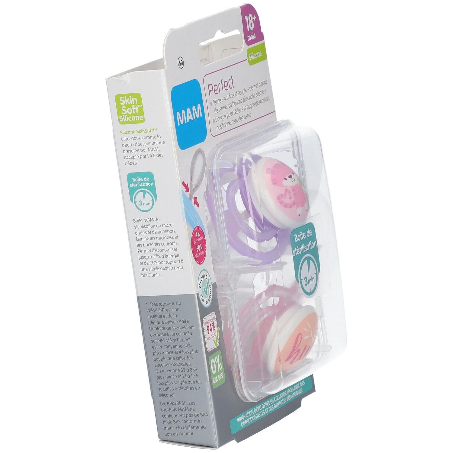 Emballage de sucettes MAM Perfect Animal 18+. Deux sucettes roses et violettes. Informations produit sur l'emballage.