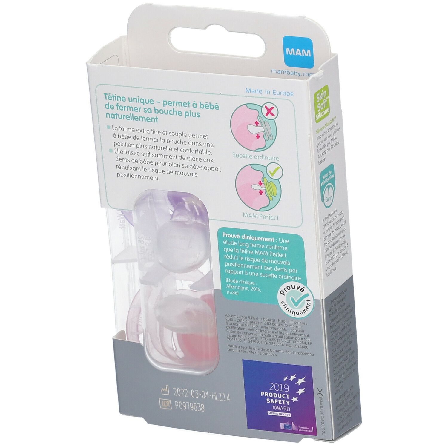 Dos de l'emballage des sucettes MAM Perfect Animal 18+. Informations produit et certifications.
