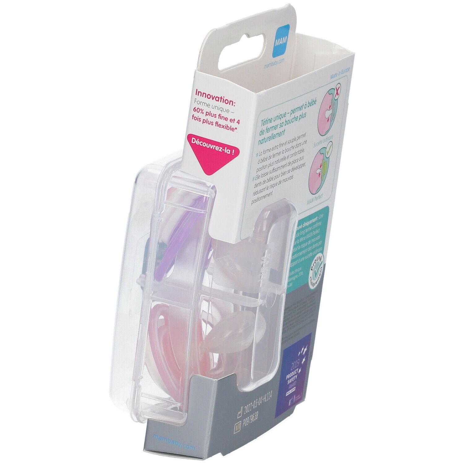 Emballage de sucettes MAM Perfect Animal 18+. Deux sucettes visibles. Informations produit sur l'emballage.