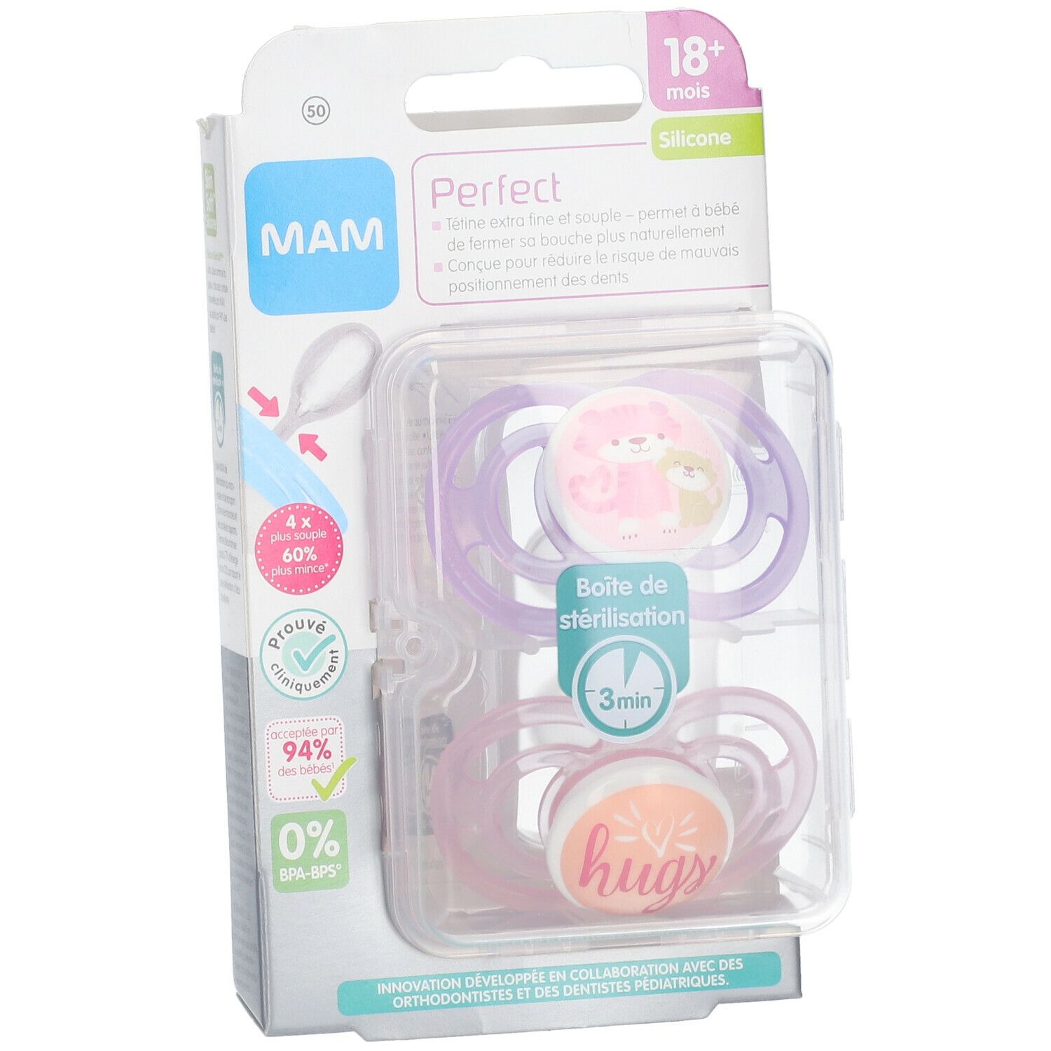 Deux sucettes MAM Perfect Animal 18+ en silicone, roses et violettes, avec motifs animaux et texte. Emballage.