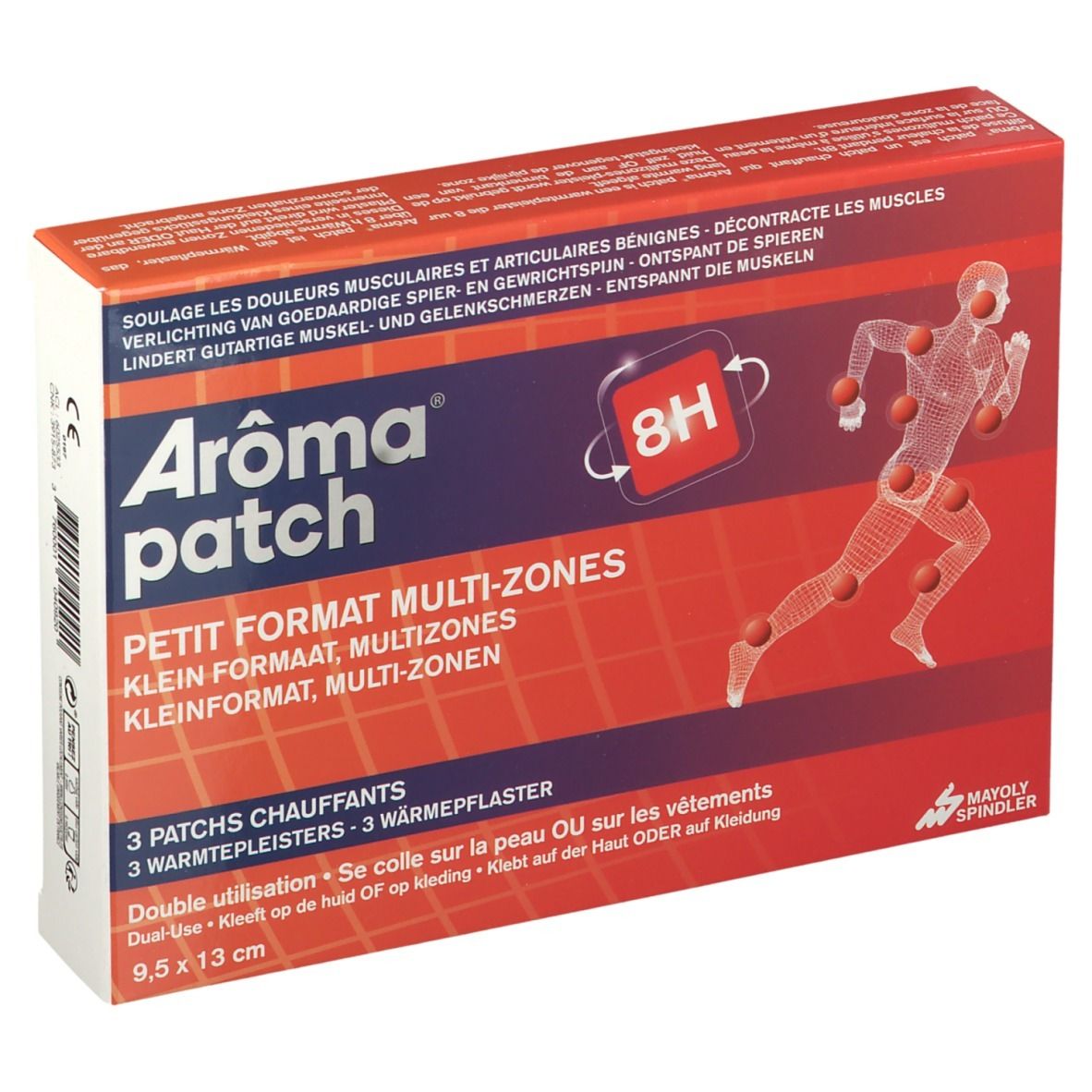 Boîte Arôma patch. Rouge, avec informations produit et homme stylisé avec points rouges. Dimensions : 9,5 x 13 cm.