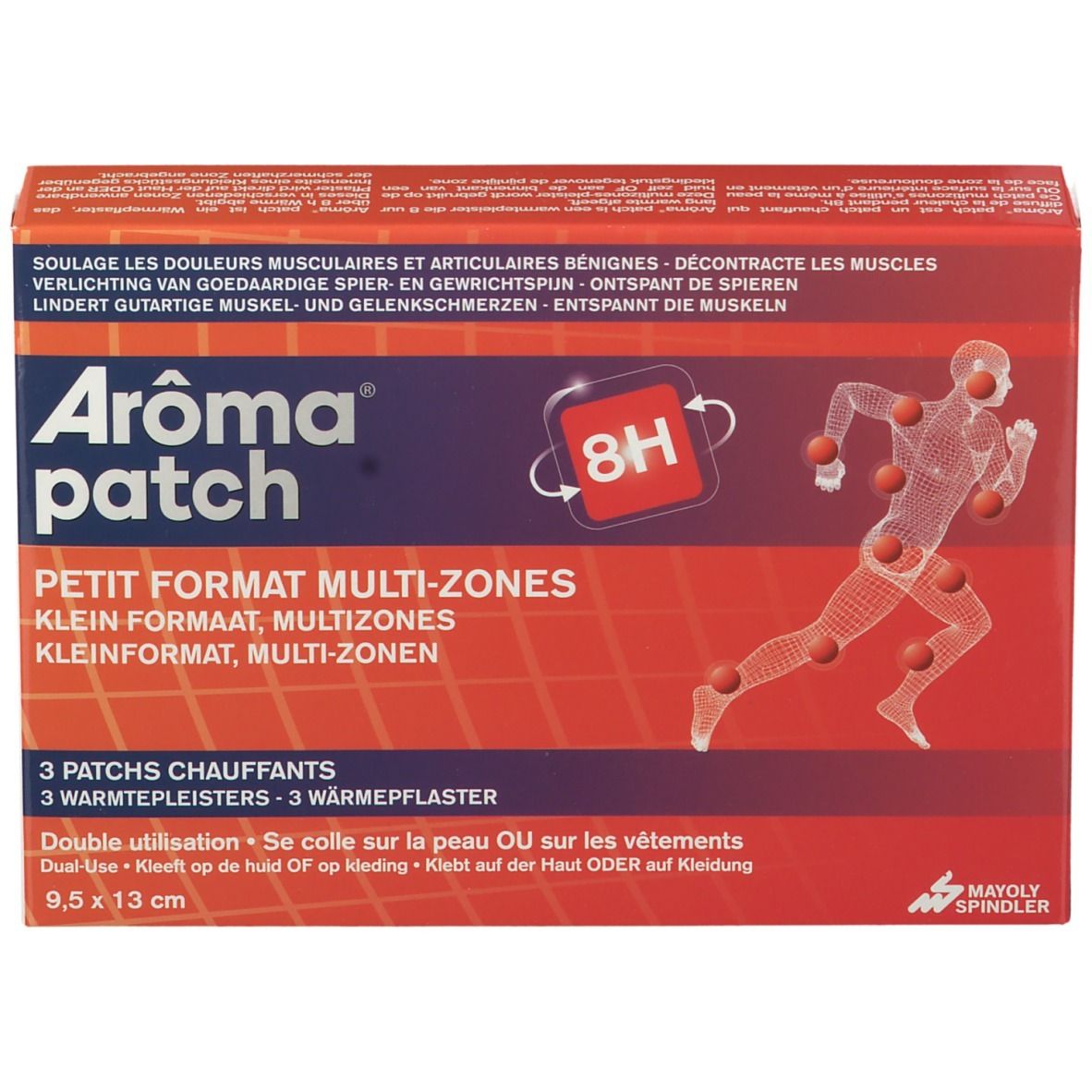Boîte Arôma patch. Rouge, avec informations produit et homme stylisé avec points rouges. Dimensions : 9,5 x 13 cm.