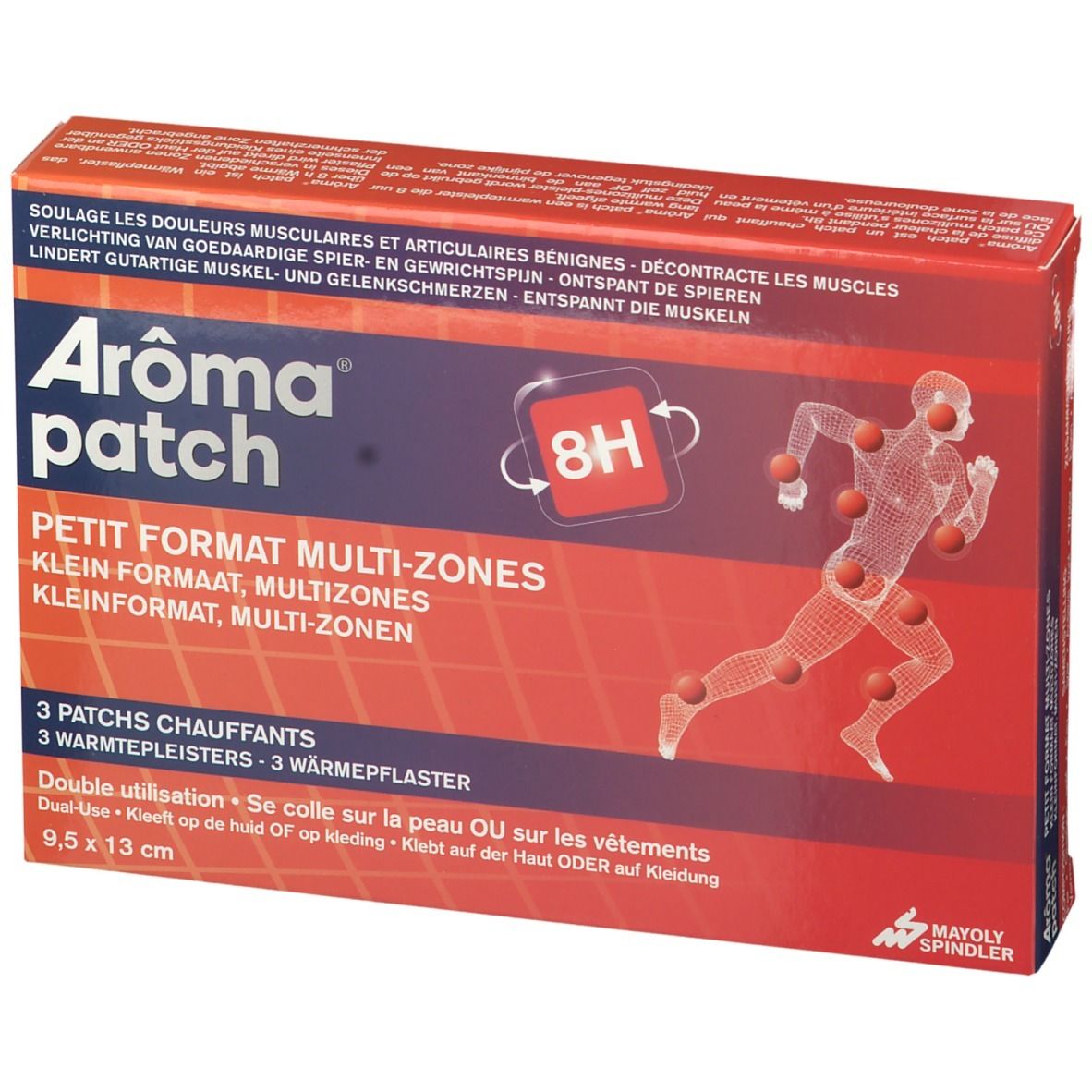 Boîte Arôma patch. Rouge, avec informations produit et homme stylisé avec points rouges. Dimensions : 9,5 x 13 cm.