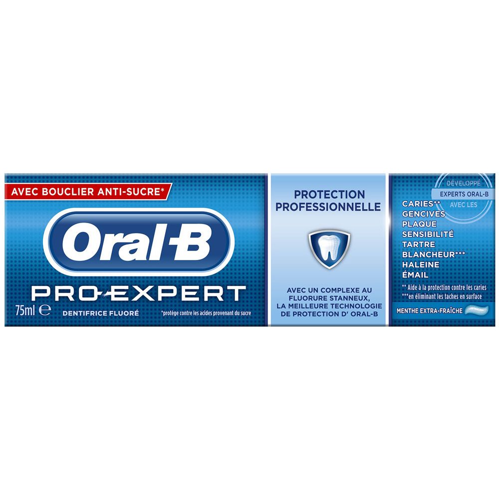 Tube et emballage de dentifrice. Emballage bleu avec texte blanc. "Oral-B Pro-Expert" et "Menthe Extra Fraîche" sont visibles.