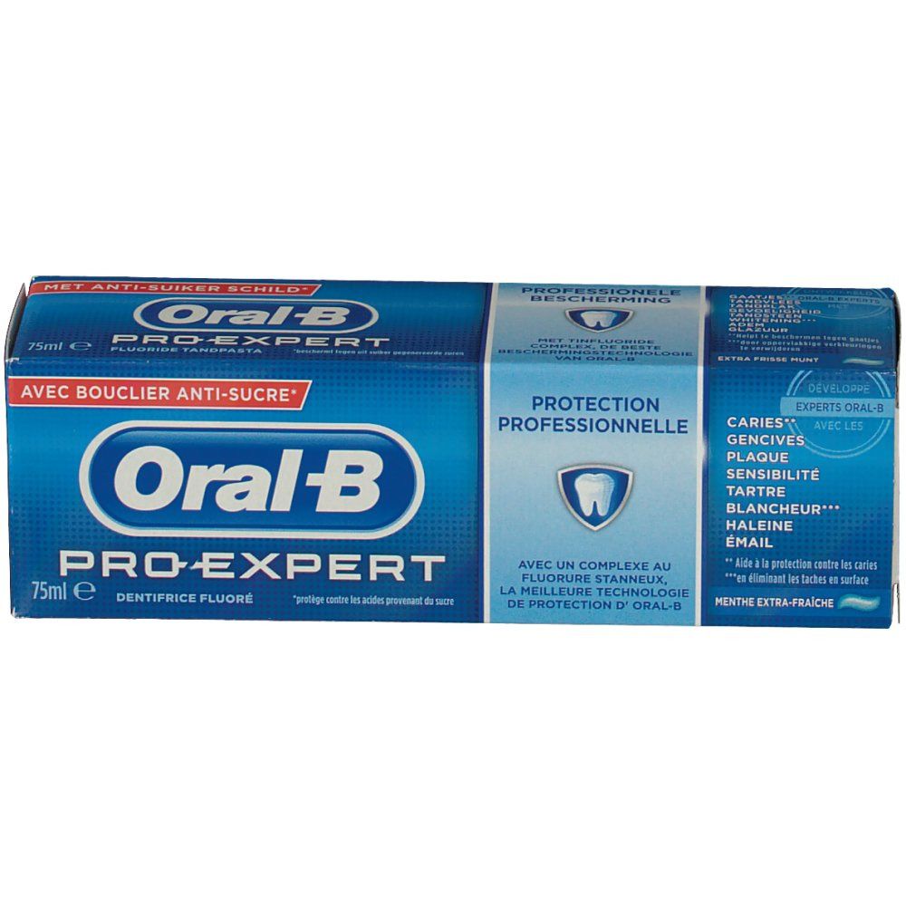 Emballage de dentifrice. Emballage bleu avec texte blanc. "Oral-B Pro-Expert" et "Menthe Extra Fraîche" sont visibles.