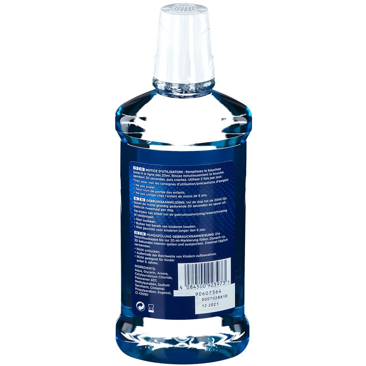Flacon de bain de bouche bleu. Bouchon blanc. Dos avec texte multilingue et code-barres.