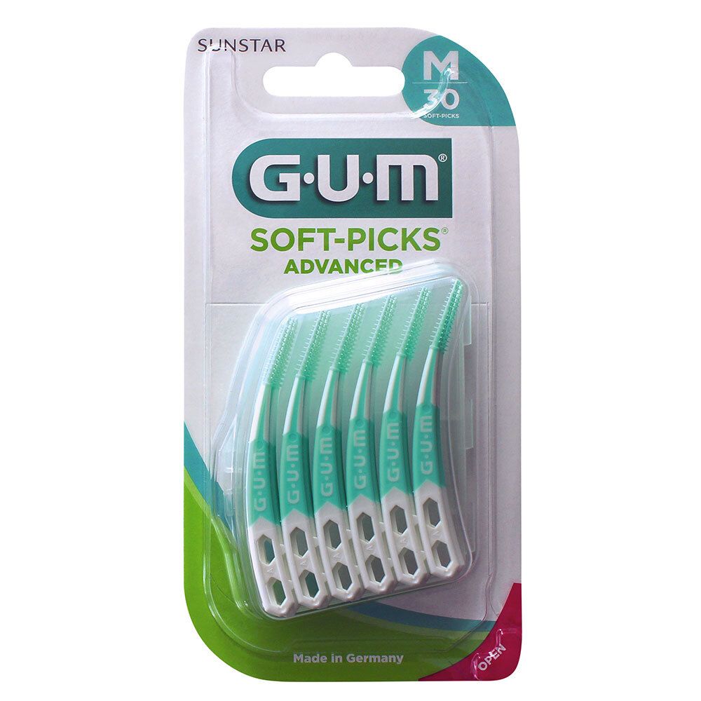 GUM Soft-Picks Advanced. Paquet de 30. Pics dentaires verts en blister. Marque et nom du produit visibles.