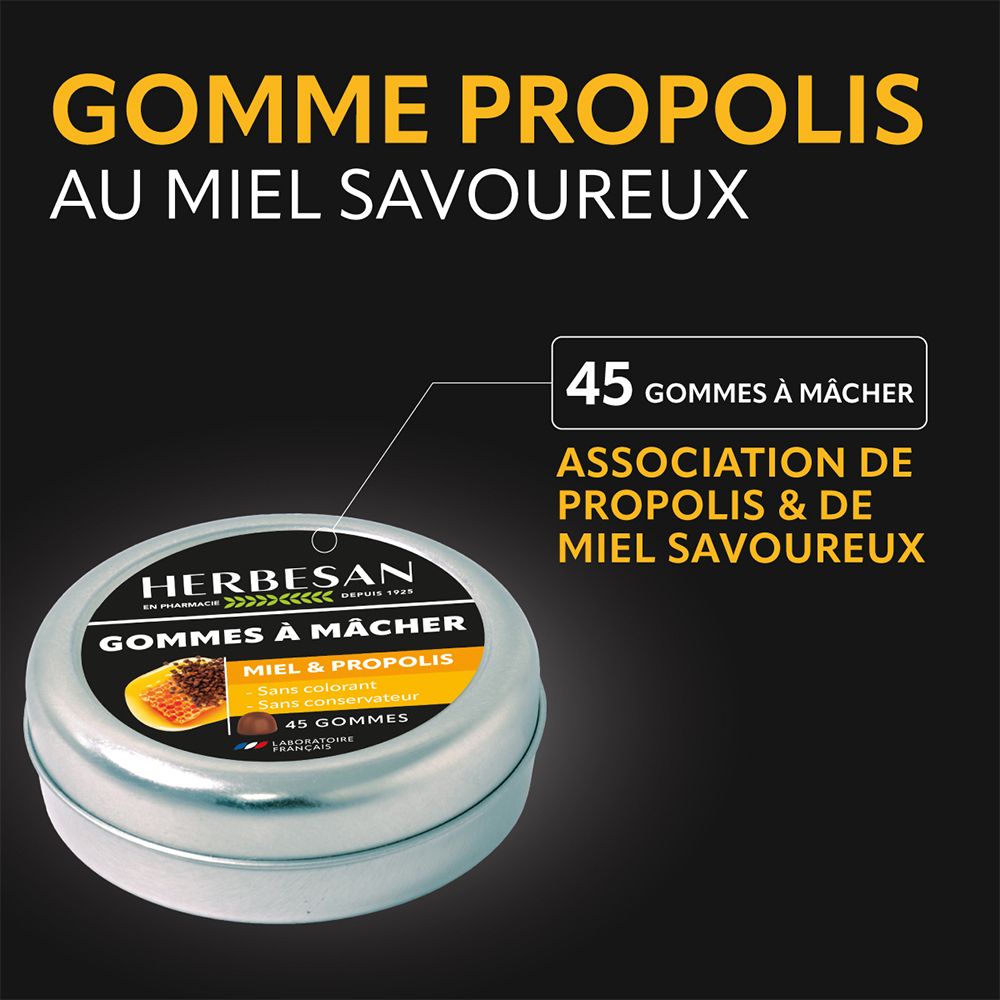 Publicité "Gomme Propolis au Miel Savoureux". Boîte de 45 gommes. Texte et flèche pointent vers la boîte.