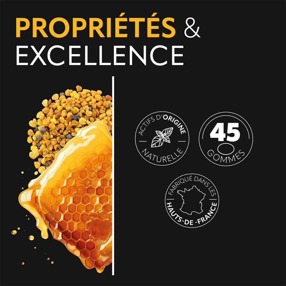 Graphique avec rayon de miel, pollen et logos. Indique "Actifs d'origine naturelle", "45 Gommes" et "Fabriqué en Hauts-de-France".