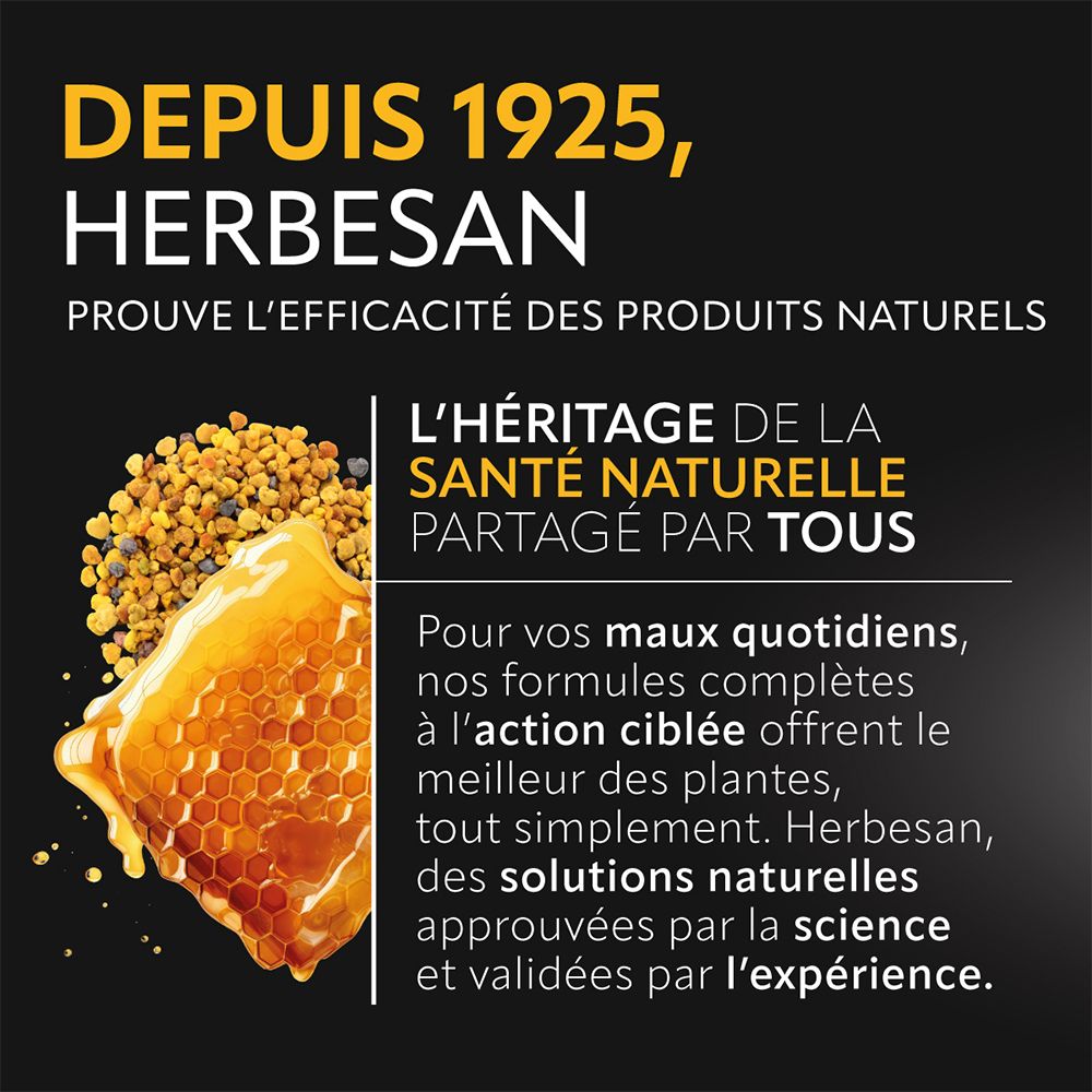Texte : "Depuis 1925, Herbesan". Rayon de miel et pollen. Texte sur l'efficacité des produits naturels et la santé.