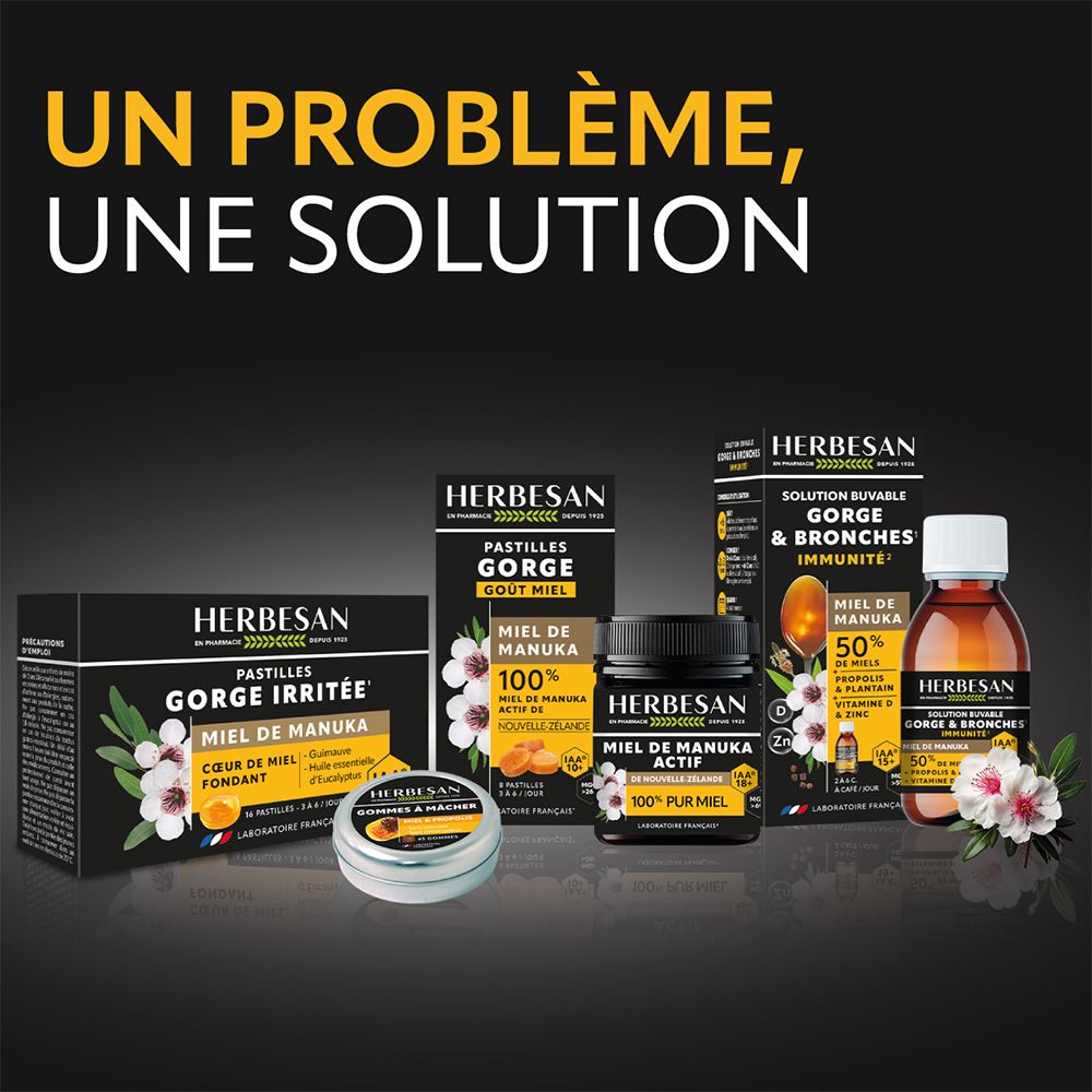 Aperçu des produits Herbesan, dont pastilles, gommes et sirop. Différents emballages.