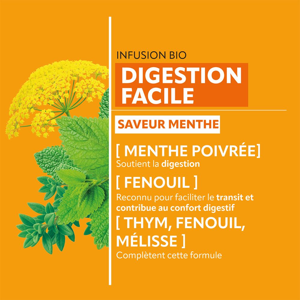 Fond orange avec texte et herbes. Ingrédients : menthe poivrée, fenouil, thym, mélisse.