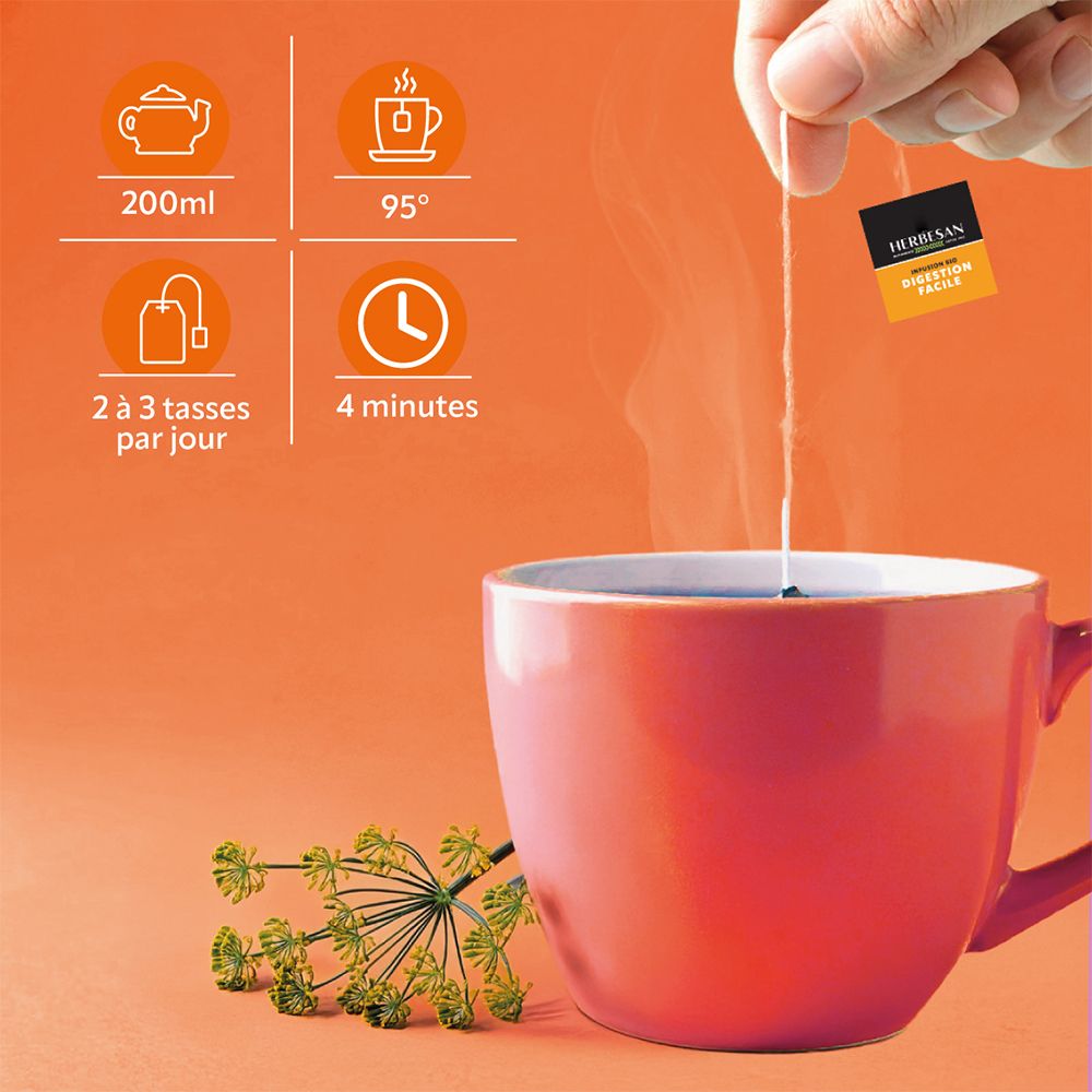 Tasse de thé avec sachet. Marque : Herbesan. Instructions : 200ml, 95°C, 4 minutes, 2-3 tasses.