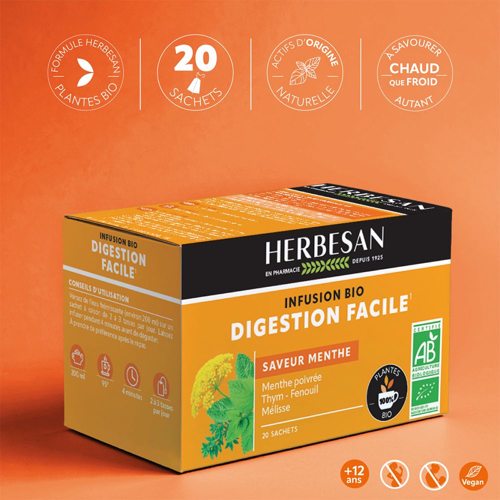 Boîte de tisane. Design orange avec texte et logos. 20 sachets. Label Vegan.