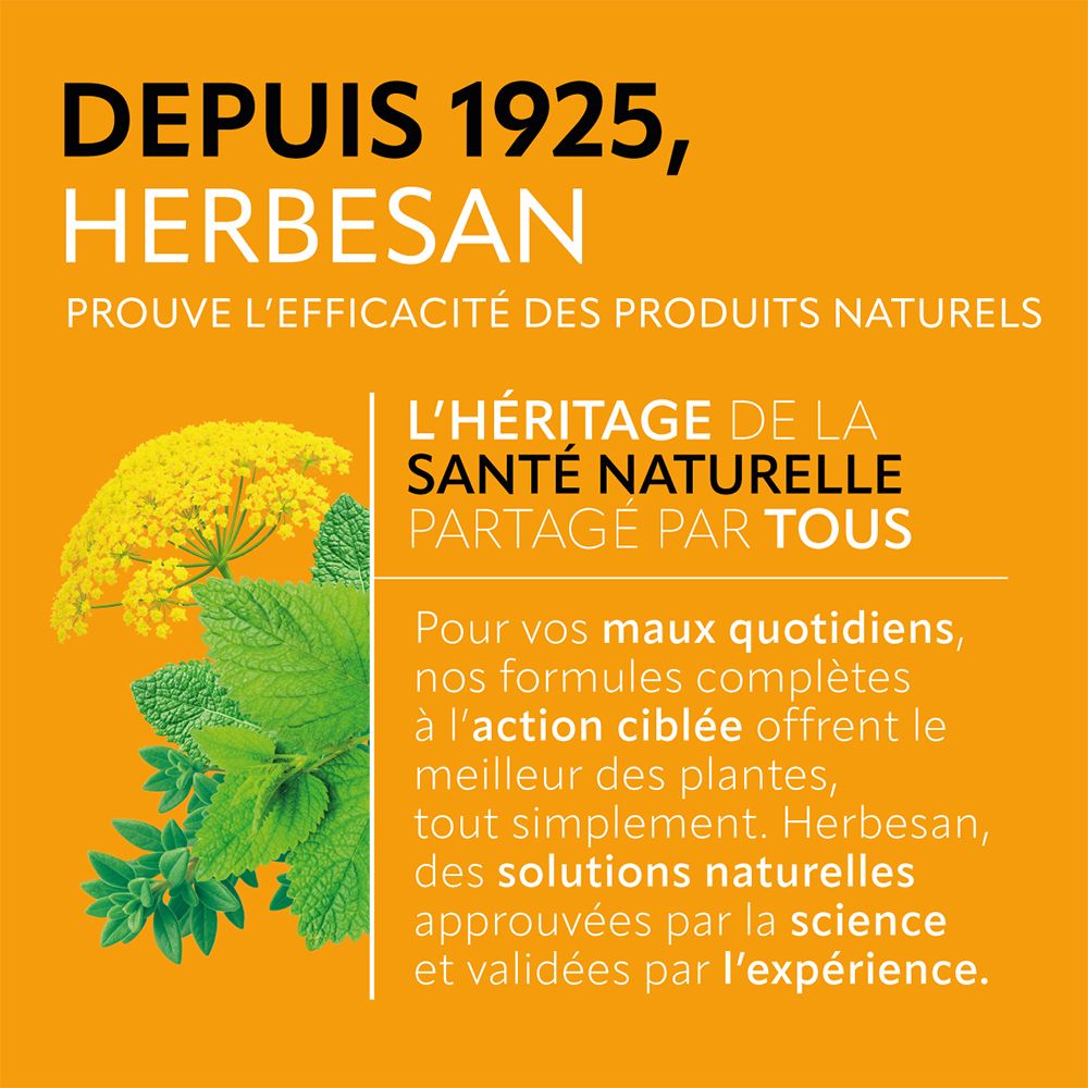 Texte sur fond orange. Herbesan depuis 1925. Santé naturelle. Herbes et feuilles.