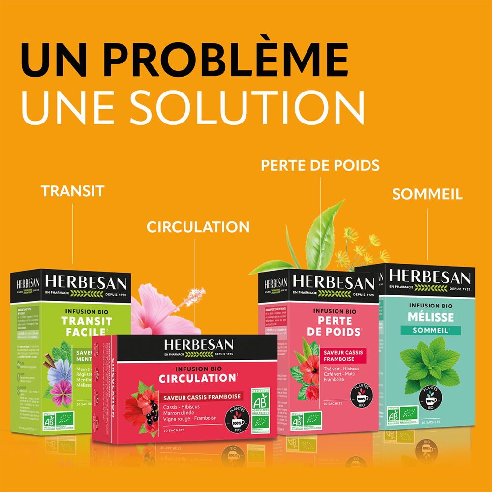 Différents produits Herbesan. Transit, perte de poids, circulation, sommeil. Emballages avec texte.