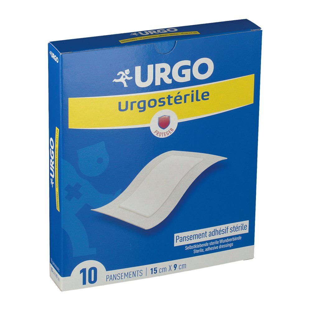 Boîte bleue URGO Urgostérile. Un pansement adhésif stérile est visible. Contient 10 pansements de 15 cm x 9 cm.