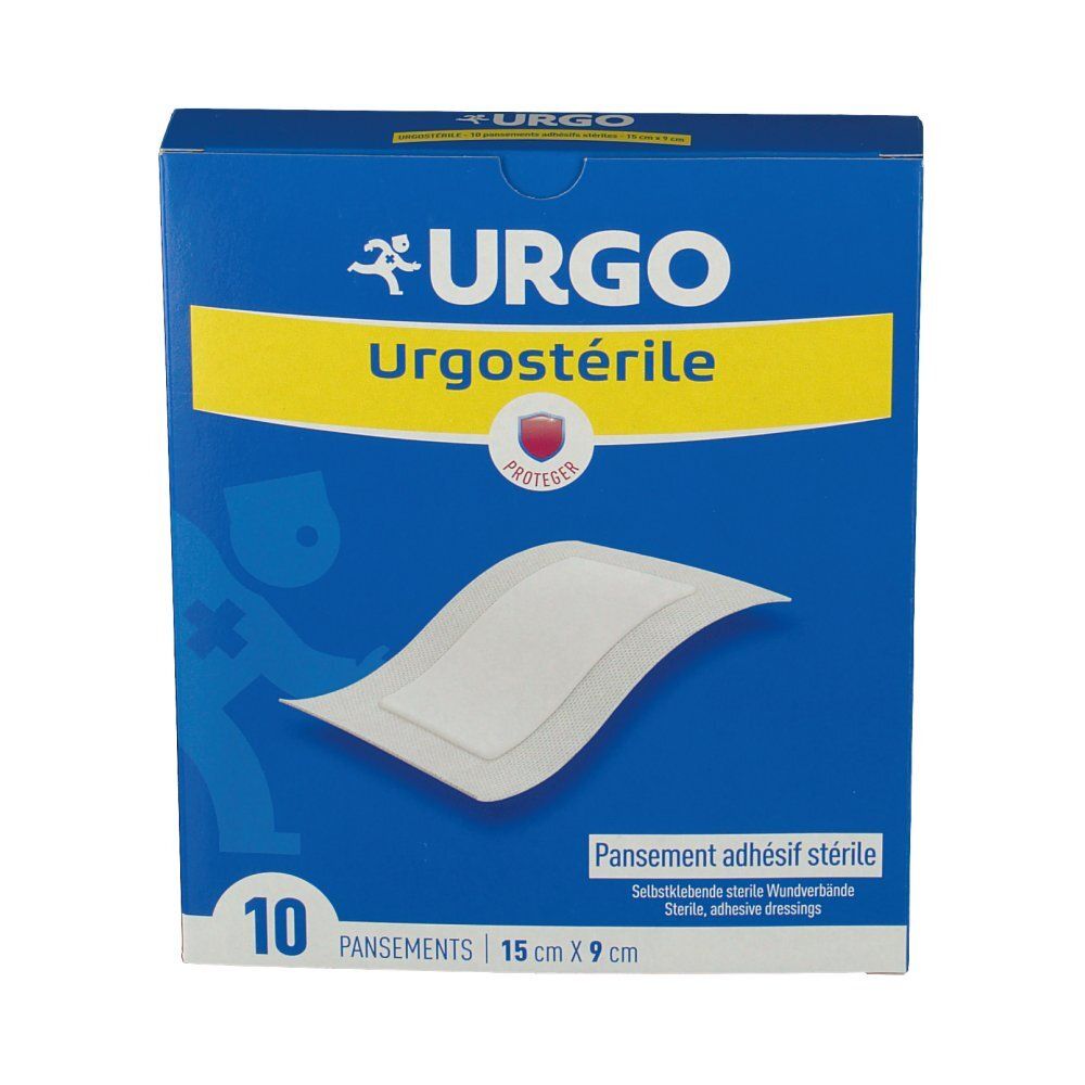 Boîte bleue URGO Urgostérile. Un pansement adhésif stérile est visible. Contient 10 pansements de 15 cm x 9 cm.