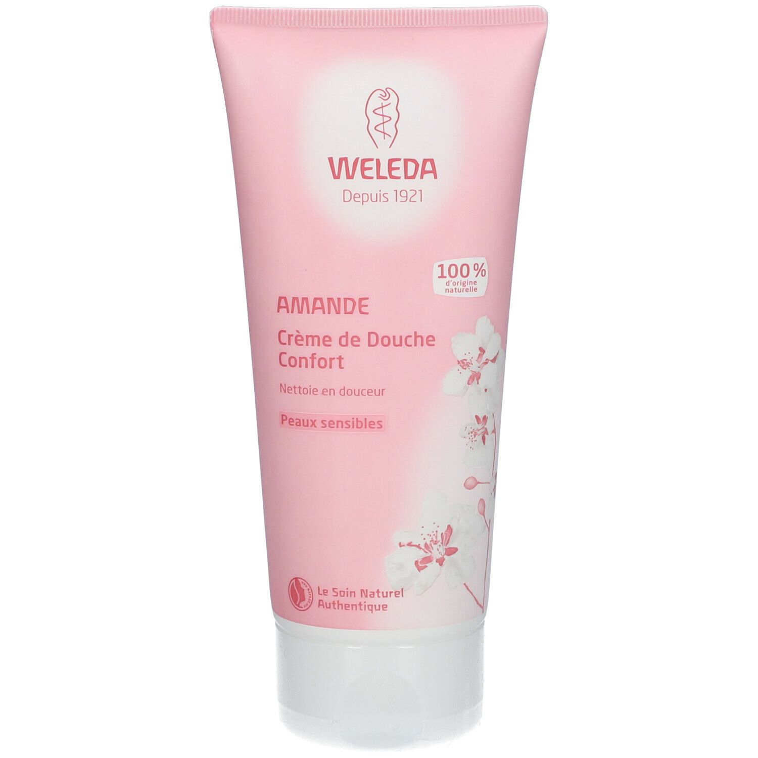 Tube rose avec texte blanc. Inscription: WELEDA, AMANDE Crème de Douche Confort, 100% ingrédients naturels.