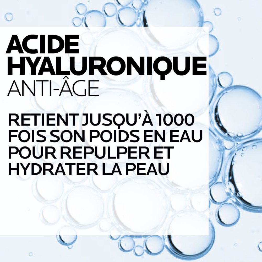 Bulles d'eau. Texte: Acide hyaluronique, anti-âge. Hydrate et repulpe la peau.