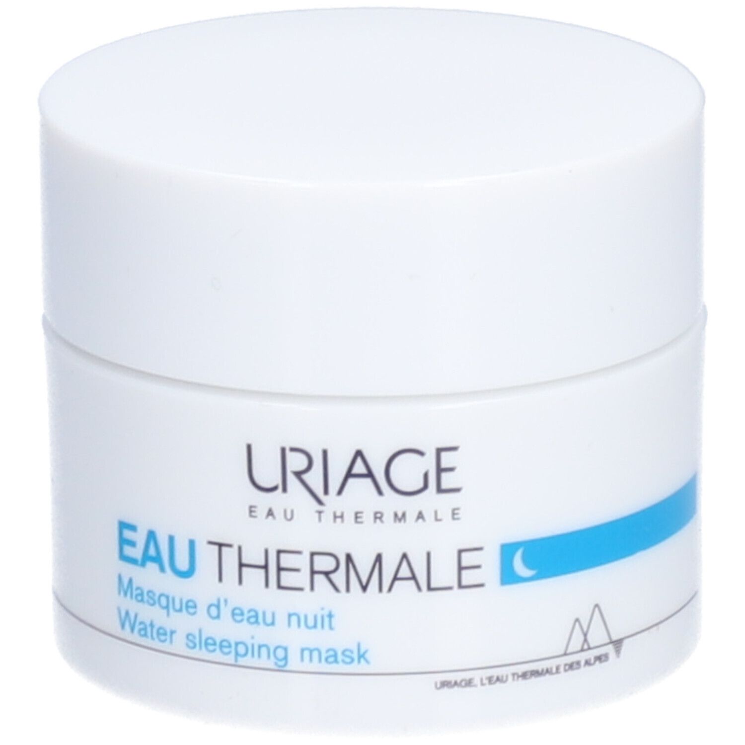 Pot blanc avec bande bleue et texte. Inscription: URIAGE Eau Thermale, Water sleeping mask.