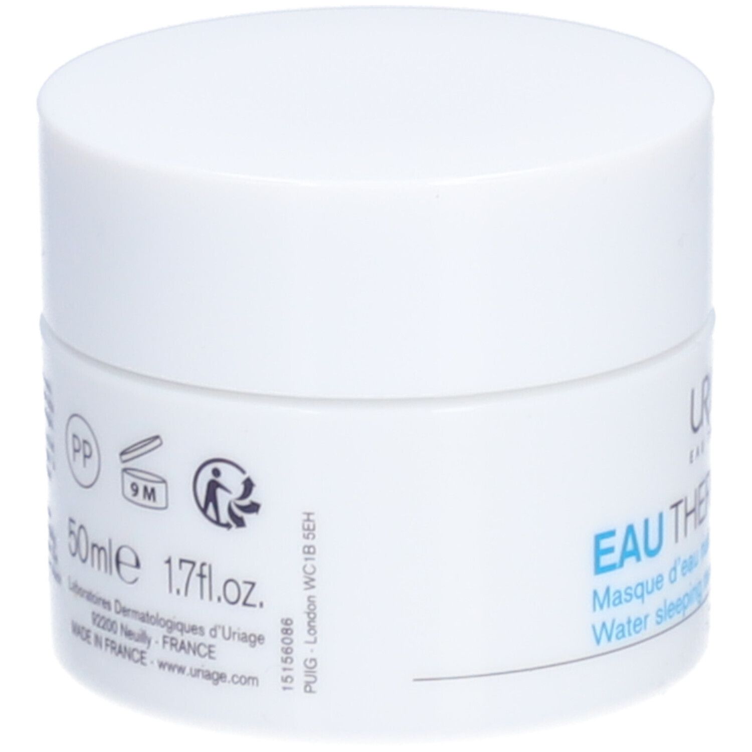 Pot blanc, dos. Inscription: 50ml, 1.7 fl.oz. et pictogrammes et texte.