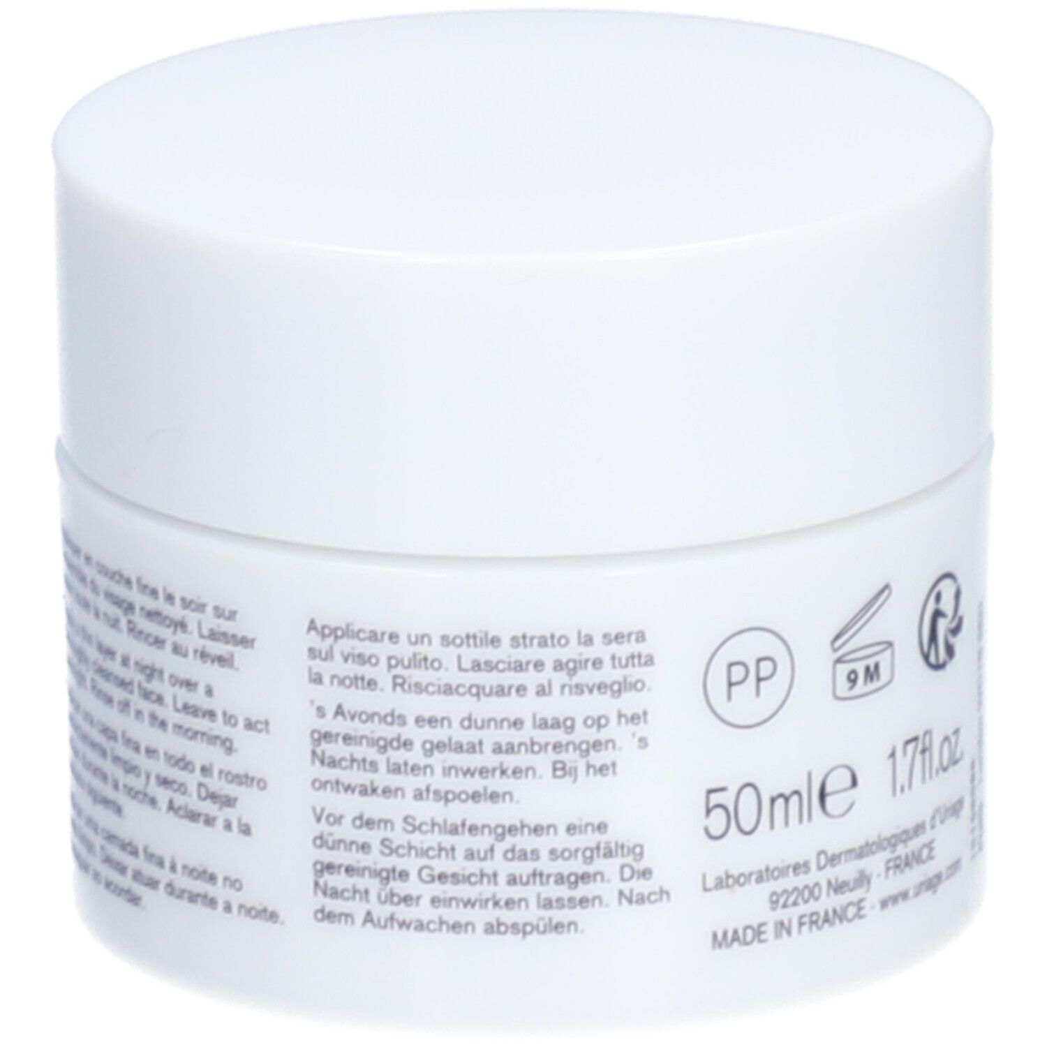 Pot blanc, dos. Texte en plusieurs langues. Inscription: 50ml, 1.7 fl.oz.