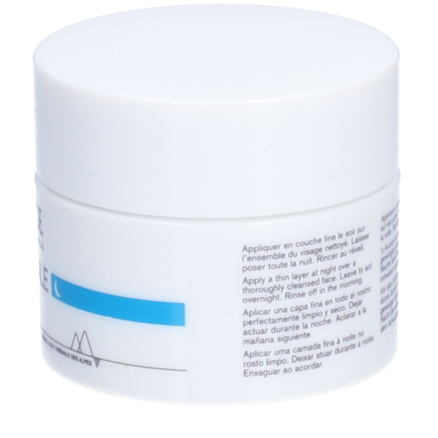 Pot blanc, dos. Texte en plusieurs langues. Inscription: Eau Thermale, symbole de lune.