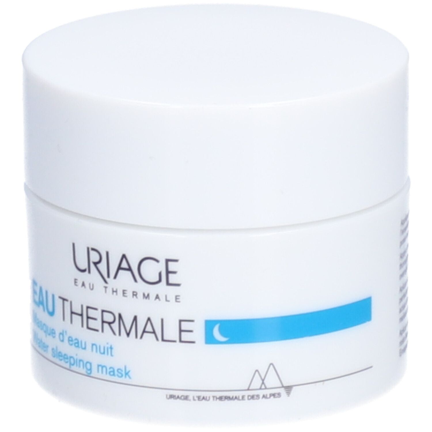 Pot blanc avec bande bleue et texte. Inscription: URIAGE Eau Thermale, Water sleeping mask.