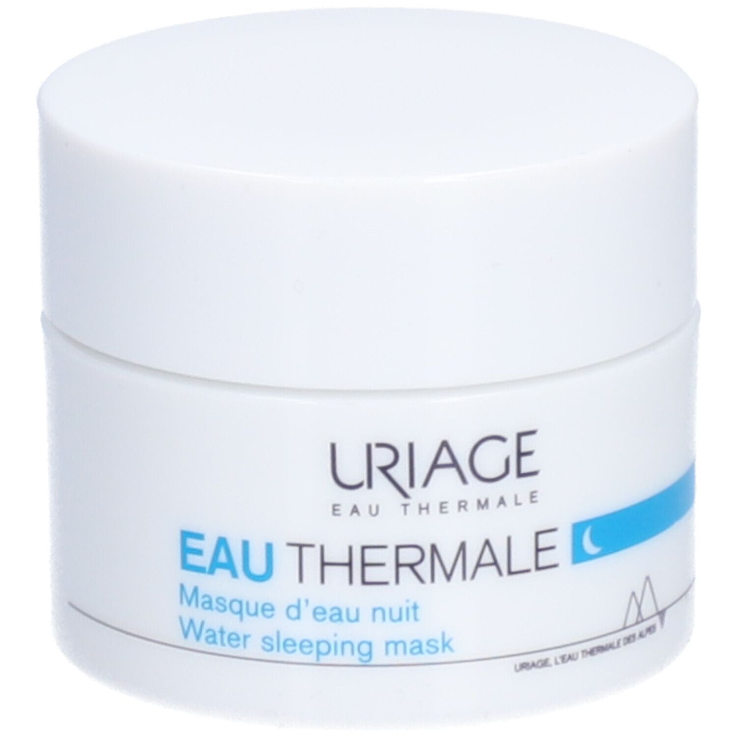 Pot blanc avec bande bleue et texte. Inscription: URIAGE Eau Thermale, Water sleeping mask.
