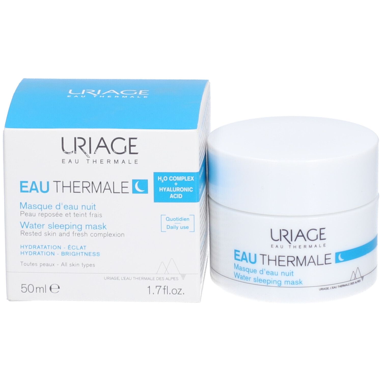 Emballage du produit avec pot et boîte. Inscription: URIAGE Eau Thermale, Water sleeping mask, 50ml.