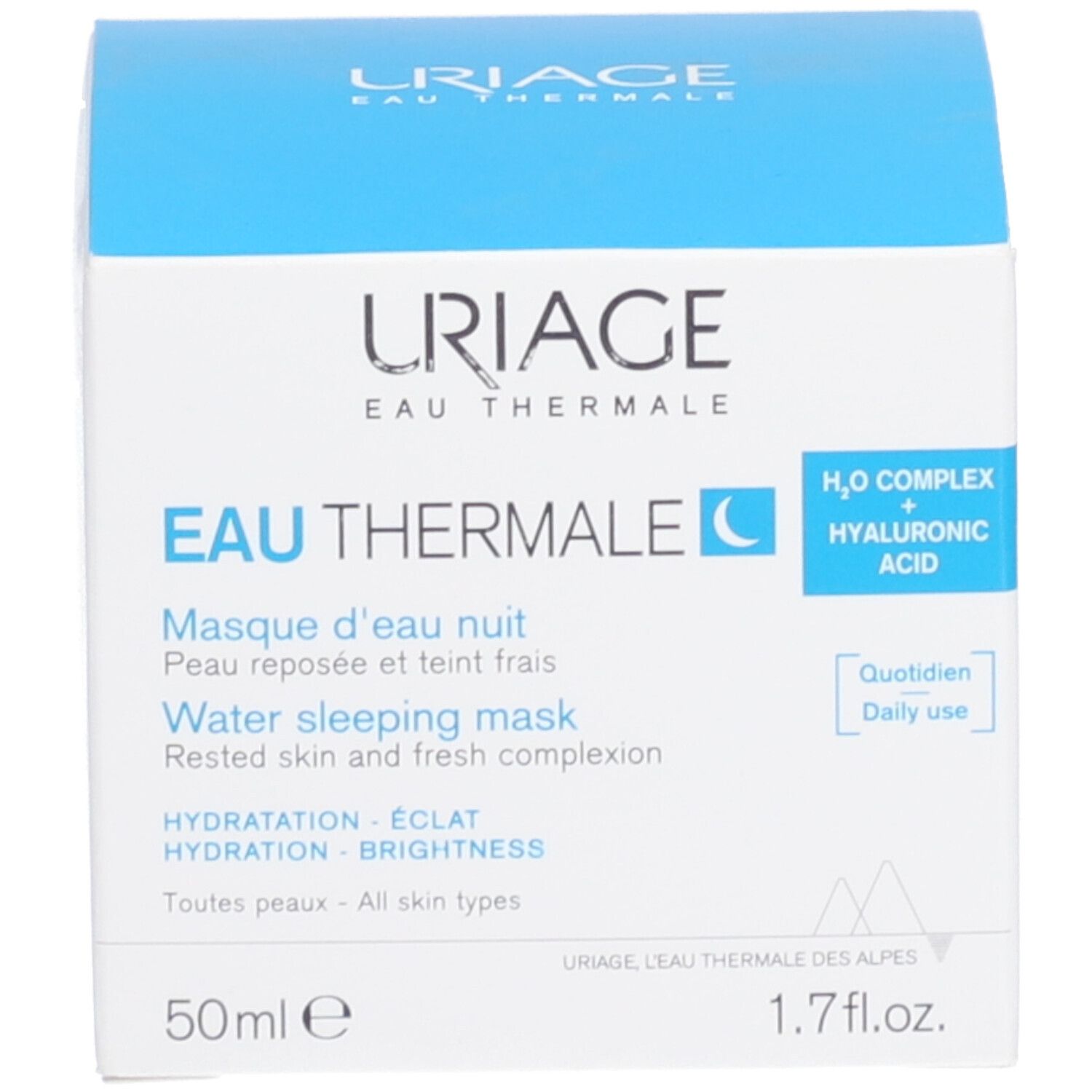 Emballage du produit, boîte. Inscription: URIAGE Eau Thermale, Water sleeping mask, 50ml.
