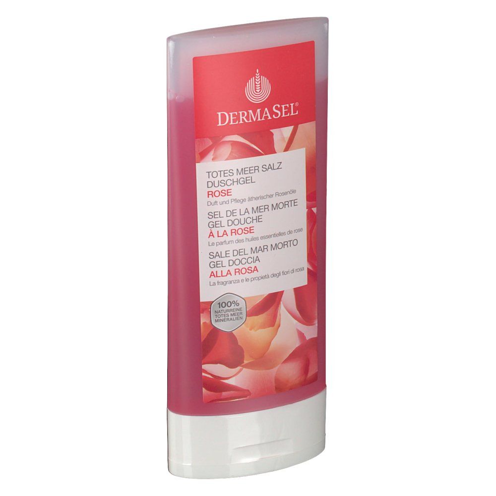 Flacon de gel douche rose avec base blanche et couvercle transparent. Logo DermaSel et texte multilingue.